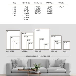 A white graphic displays a table of "Instant Download Files" with ISO, Ratio 2:3, Ratio 3:4, and 11x14 dimensions, and a diagram of framed print sizes above a gray sofa.