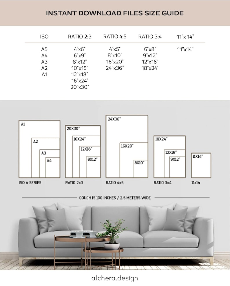 A white graphic displays a table of "Instant Download Files" with ISO, Ratio 2:3, Ratio 3:4, and 11x14 dimensions, and a diagram of framed print sizes above a gray sofa.