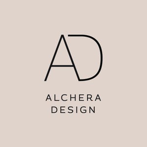 A black line art logo with an "A" and "D" intertwined, with "ALCHERA DESIGN" written below on a light pink background.