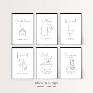 Six black and white line art prints with bathroom-themed puns, including a diffuser, toilet paper, toilet, shampoo, bathtub, and loofah.
