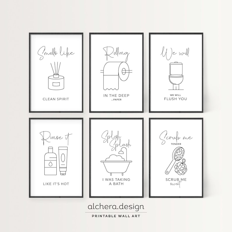 Six black and white line art prints with bathroom-themed puns, including a diffuser, toilet paper, toilet, shampoo, bathtub, and loofah.