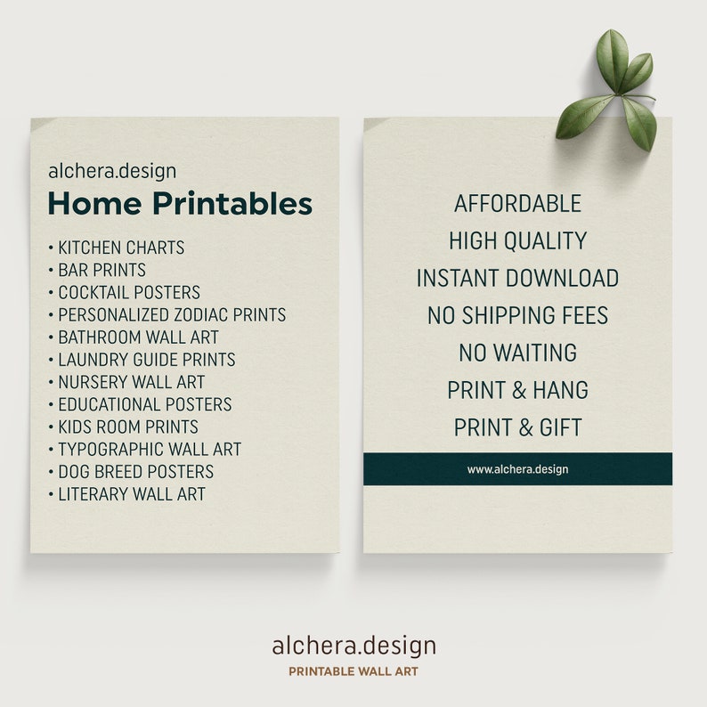 K&ouml;nnte beinhalten: Eine beige und gr&uuml;ne digitale Werbung f&uuml;r druckbare Wandbilder von alchera.design. Die Werbung listet eine Vielzahl von Kategorien f&uuml;r druckbare Wandbilder auf, darunter K&uuml;chendiagramme, Bar-Drucke, Cocktail-Poster, personalisierte Tierkreiszeichen-Drucke, Badezimmer-Wandkunst, W&auml;scheleitfaden-Drucke, Kinderzimmer-Wandkunst, p&auml;dagogische Poster, Kinderzimmer-Drucke, typografische Wandkunst, Hunderassen-Poster und literarische Wandkunst. Die Werbung hebt auch die Vorteile des Kaufs von druckbaren Wandbildern bei alchera.design hervor, darunter Erschwinglichkeit, hohe Qualit&auml;t, sofortiger Download, keine Versandkosten, keine Wartezeit, Drucken und Aufh&auml;ngen sowie Drucken und Verschenken.