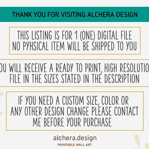 K&ouml;nnte beinhalten: Text auf wei&szlig;em Hintergrund mit gr&uuml;ner Kopfzeile, die "Vielen Dank f&uuml;r Ihren Besuch bei Alchera Design" lautet. Der Text unter der Kopfzeile lautet "Dieses Angebot gilt f&uuml;r 1 (eine) digitale Datei. Es wird kein physischer Artikel an Sie versandt. Sie erhalten eine druckfertige, hochaufl&ouml;sende Datei in den in der Beschreibung angegebenen Gr&ouml;&szlig;en. Wenn Sie eine benutzerdefinierte Gr&ouml;&szlig;e, Farbe oder eine andere Design&auml;nderung ben&ouml;tigen, kontaktieren Sie mich bitte vor Ihrem Kauf. alchera.design Druckbarer Wandkunst".