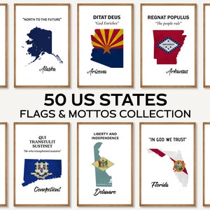 Colección de impresión de 50 banderas estatales de EE. UU., Banderas estatales imprimibles, Decoración de pared de estados americanos, Arte educativo con lemas estatales