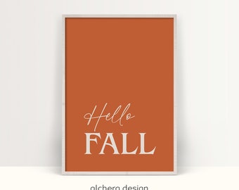 Orange "Hello Fall" Printable Art for Autumn, Modern Farmhouse Thanksgiving Wall Decor, Fall Sayings Poster with Orange Aesthetics