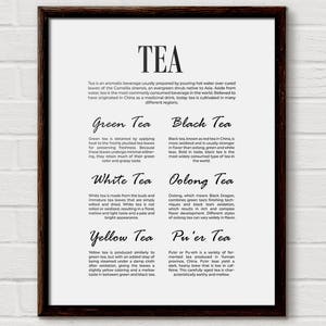 Op de afbeelding: Een zwart-witte infographic poster met het woord "TEA" in grote letters bovenaan. De poster beschrijft de verschillende soorten thee, waaronder groene thee, zwarte thee, witte thee, oolong thee, gele thee en pu-erh thee.