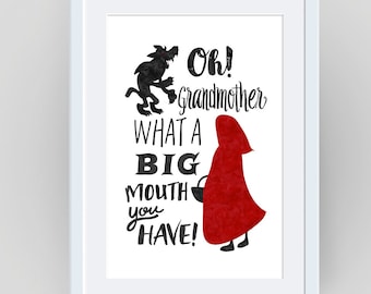 Red Riding Hood book quote poster, Fairytale quote illustration print, Little Red Riding Hood wall art, Illustrated fairytale poster print