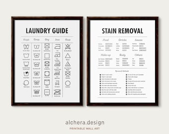 Letrero para lavandería, guía de símbolos y tabla de eliminación de manchas (descarga digital)