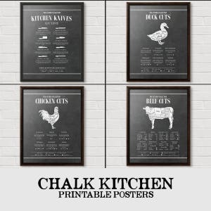 May include: Set of four printable kitchen posters with a chalkboard background. The posters feature illustrations of different cuts of meat, poultry, and duck, along with the names of each cut. The posters also include a guide to kitchen knives.