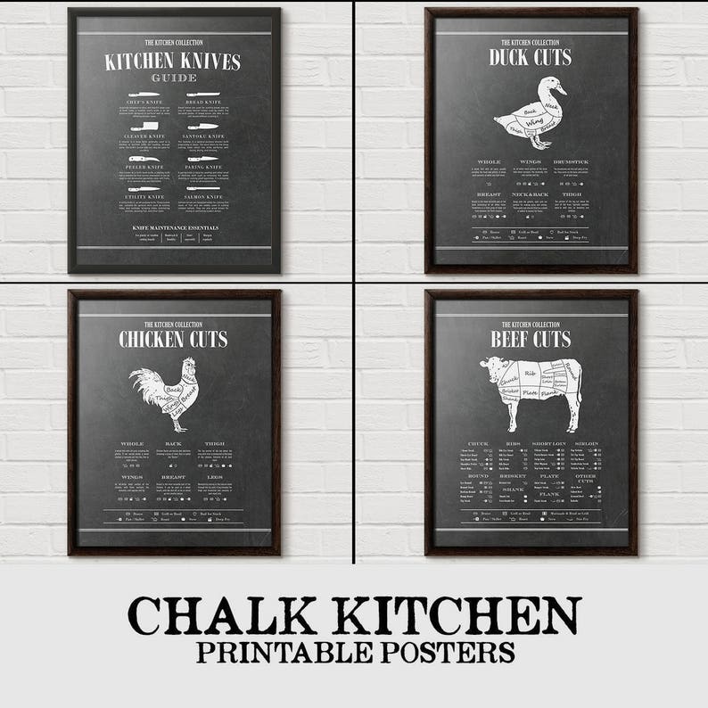 May include: Set of four printable kitchen posters with a chalkboard background. The posters feature illustrations of different cuts of meat, poultry, and duck, along with the names of each cut. The posters also include a guide to kitchen knives.