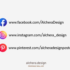 K&ouml;nnte beinhalten: Social-Media-Symbole f&uuml;r Alchera Design, ein Unternehmen, das druckbare Wandkunst herstellt. Die Symbole verlinken auf die Facebook-, Instagram- und Pinterest-Seiten des Unternehmens. Der Text "alchera.design" befindet sich unter den Symbolen, mit den Worten "PRINTABLE WALL ART" darunter.