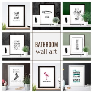 A grid of nine black-and-white bathroom art prints displayed beneath the text bathroom wall art.
