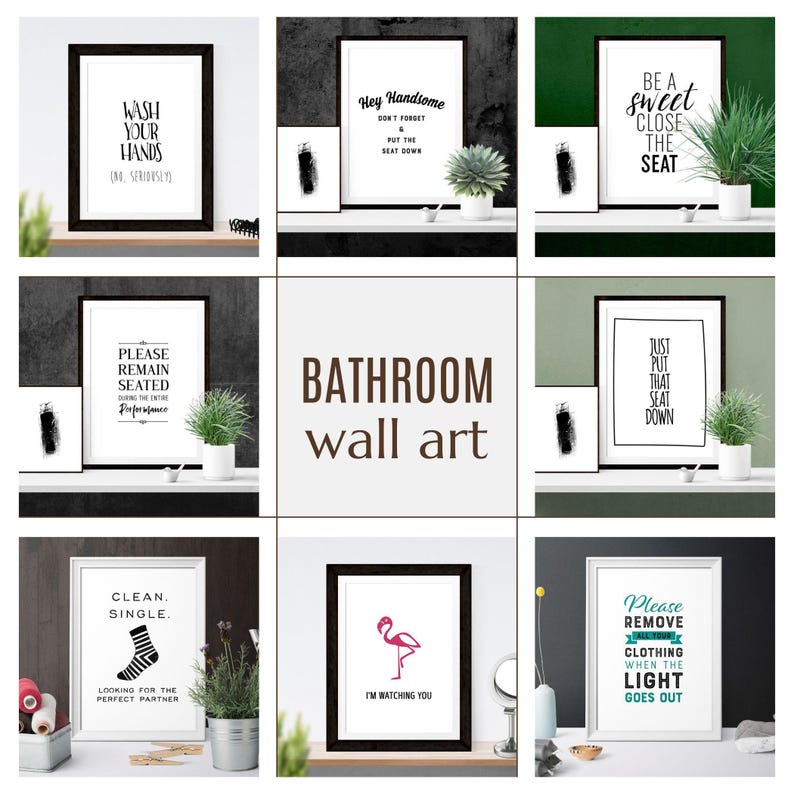 A grid of nine black-and-white bathroom art prints displayed beneath the text bathroom wall art.