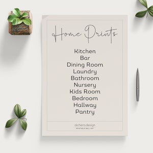 May include: A rectangular printable wall art sheet with a light beige background featuring the text Home Prints at the top, followed by a list of rooms including Kitchen, Bar, Dining Room, Laundry, Bathroom, Nursery, Kids Room, Bedroom, Hallway, and Pantry.