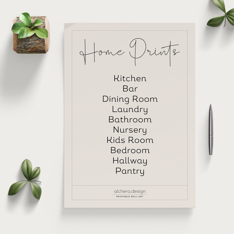 May include: A rectangular printable wall art sheet with a light beige background featuring the text Home Prints at the top, followed by a list of rooms including Kitchen, Bar, Dining Room, Laundry, Bathroom, Nursery, Kids Room, Bedroom, Hallway, and Pantry.