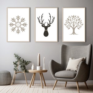 Bauhaus Christmas art print set, Modern holiday decoration prints, Abstract deer and snowflake wall art, Geometric Christmas tree poster image 6