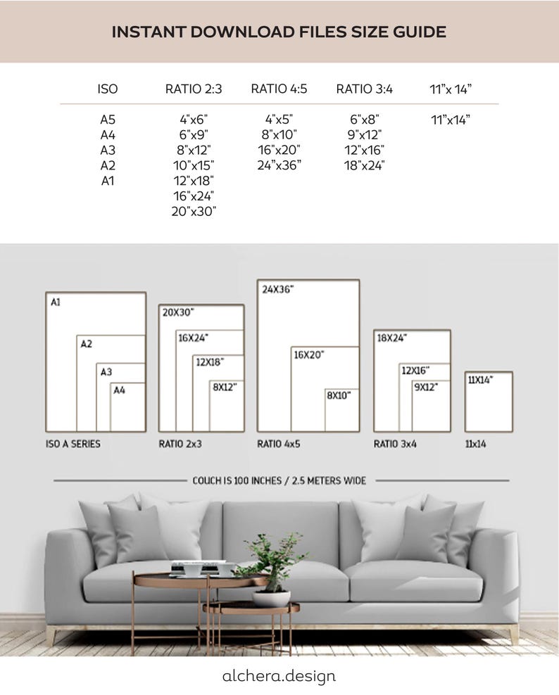 May include: A chart showing different sizes of printable art prints in inches, with a couch in the background. The chart shows the different sizes of prints for ISO A series, 2x3, 4x5, and 3x4 ratios. The text "Couch is 100 inches / 2.5 meters wide" is below the chart.
