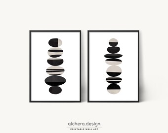 Minimalistische muurkunstset, zwart-witte geometrische prints (digitale download)
