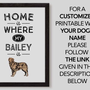 May include: A printable sign with the text "Home is where my Bailey is" and a black and white illustration of a dog.  The sign is framed in a black frame.