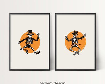 Dancing Skeleton Print, Halloween Wall Art, Skeleton Dance Decor, Funky Halloween Art, Set of 2 Prints, Halloween Digital Print, Spooky Art