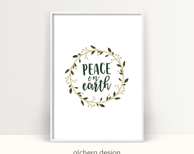 Peace on Earth Printable Art, Olive Branch Wreath Wall Decor, Inspirational Quote Digital Print, Holiday Season Home Decor