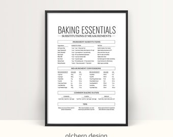 Kitchen Measurement Conversion Chart, Printable Baking Substitutions Guide, Essential Baking Wall Art, Baking Tips and Tricks Poster