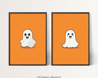 Cute Ghost Poster, Halloween Art for Kids, Orange Background Art, Halloween Wall Decor, Ghost Print Set, Halloween Ghost Decor