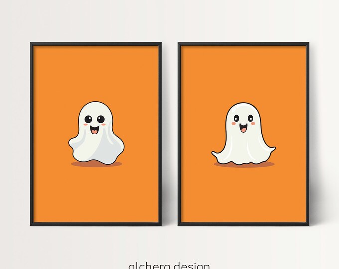 Cute Ghost Poster, Halloween Art for Kids, Orange Background Art, Halloween Wall Decor, Ghost Print Set, Halloween Ghost Decor