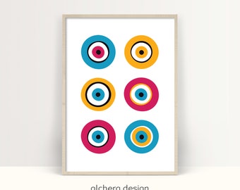 Nazar evil eye amulet illustration, Turkish evil eye wall decor, Colorful Nazar bead poster, Evil Eye Colorful Print, Boho Print