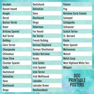 May include: A teal and white poster lists various dog breeds in a vertical format. The breeds are alphabetically arranged, including Airedale, Beagle, Bulldog, Collie, Dachshund, and many more. The text "DOG PRINTABLE POSTERS" is at the bottom.