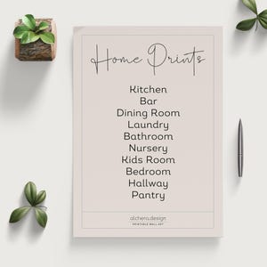 A light beige paper with "Home Prints" in script and a list of rooms like "Kitchen," "Laundry," and "Bedroom" in block letters, next to a pen and a small plant.