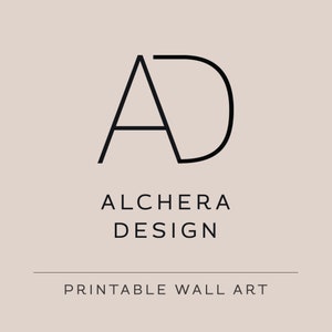 Puede incluir: Un dise&ntilde;o minimalista con las letras "AD" en negro, con las palabras "ALCHERA DESIGN" y "PRINTABLE WALL ART" en una fuente limpia y sans-serif. El fondo es de un rosa suave y apagado.