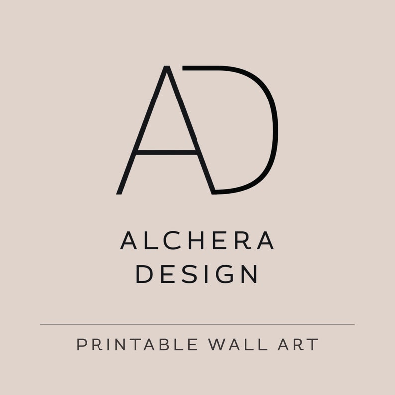 Puede incluir: Un dise&ntilde;o minimalista con las letras "AD" en negro, con las palabras "ALCHERA DESIGN" y "PRINTABLE WALL ART" en una fuente limpia y sans-serif. El fondo es de un rosa suave y apagado.