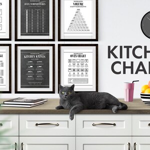 May include: A set of black and white printable kitchen charts with titles like "Egg Substitutes", "Oven Temperatures", "Volume Conversion", "Freezer Storage Times", "Kitchen Knives Guide", and "Oven Chart". The charts are framed and hung on a white wall above a kitchen counter. A gray cat is sitting on the counter.