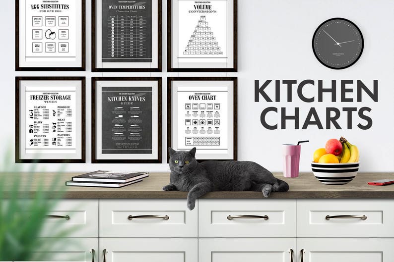 May include: A set of black and white printable kitchen charts with titles like "Egg Substitutes", "Oven Temperatures", "Volume Conversion", "Freezer Storage Times", "Kitchen Knives Guide", and "Oven Chart". The charts are framed and hung on a white wall above a kitchen counter. A gray cat is sitting on the counter.