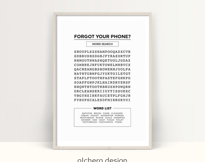Forgot your phone, Word Search Puzzle, Bathroom Entertainment, Bathroom Word Search, Bathroom Activity