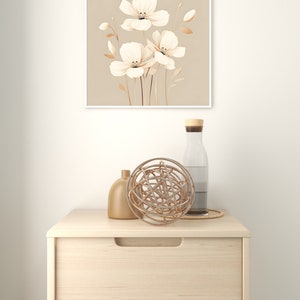 Moderne minimalistische bloemkunst, beige en witte huisdecoratie, minimalistisch bloemdessin, hedendaagse beige muurkunst, minimalistische huiskunstwerken afbeelding 2
