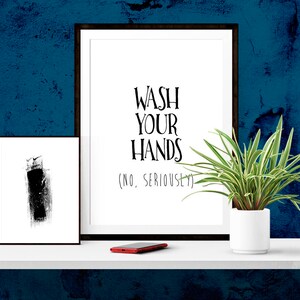 May include: A black framed print with the text "Wash Your Hands (No, Seriously)" hanging on a blue wall with a potted plant and a red phone on a white shelf.