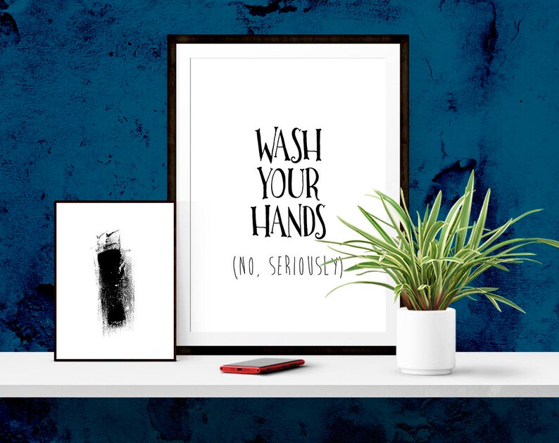 May include: A black framed print with the text "Wash Your Hands (No, Seriously)" hanging on a blue wall with a potted plant and a red phone on a white shelf.