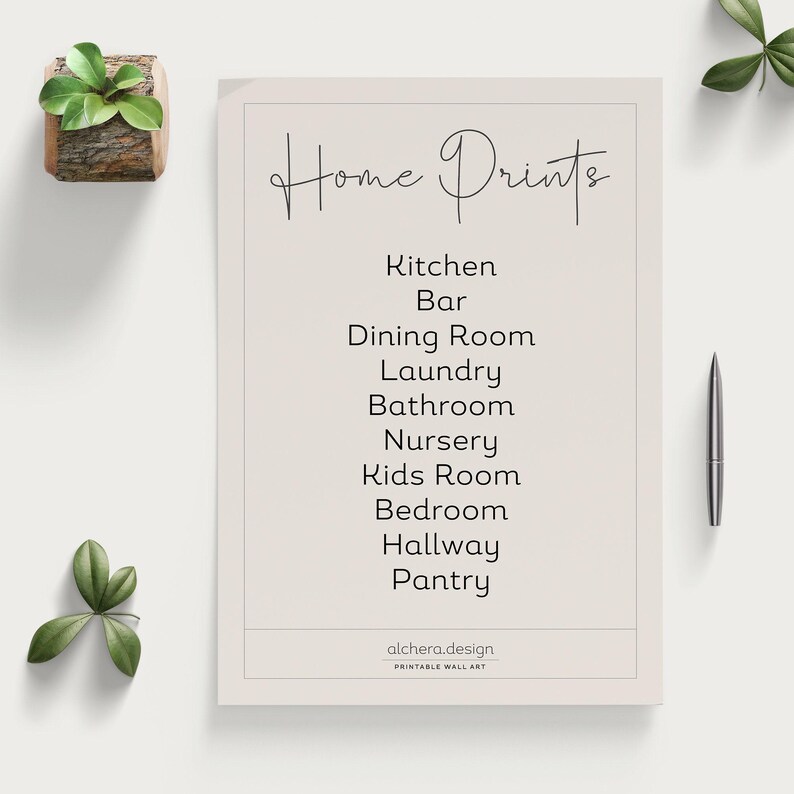 A printable sheet listing various home print categories with decorative leaves and a pen on a table.
