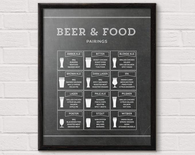 Beer and Food Pairings, Beer Print, Chalkboard Kitchen Print, Beer Chart, Beer Decor, Man Cave Wall Art, Beer Art, Lager, man cave furniture