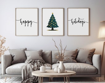 Happy Holidays Christmas tree print, Holiday greeting wall art set, Elegant Christmas tree art print, Minimalist holiday decor posters
