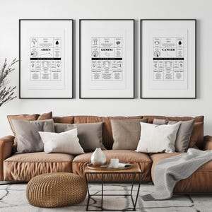 May include: Three black framed prints with white backgrounds and black text. The prints feature zodiac signs: Aries, Gemini, and Cancer. Each print includes the symbol, element, quality, ruling house, and planetary ruler for the sign. The prints are displayed on a wall above a brown leather couch with pillows.