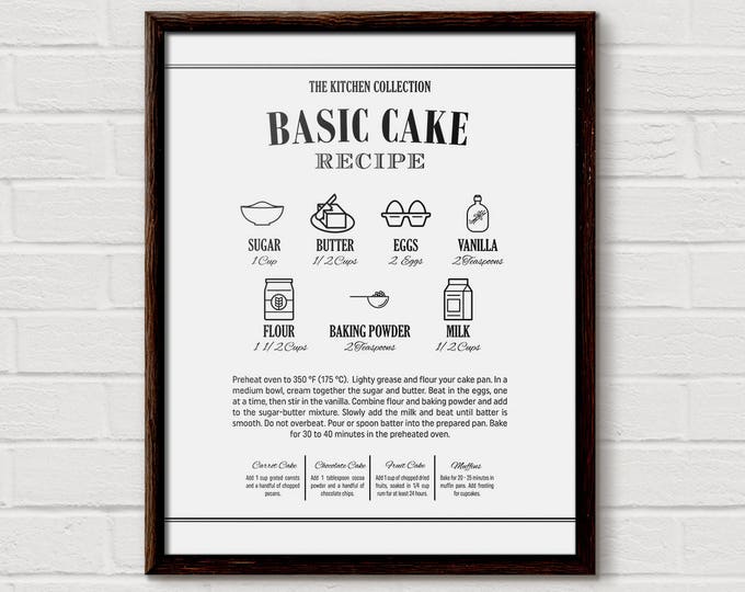 Recipe Wall Art, Recipe Printable, Recipe Poster, Recipe Print, Illustrated Recipe, Kitchen Print, Cake Recipe, Kitchen Wall Decor, Recipes