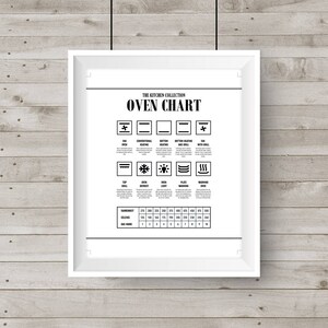 May include: A black and white oven chart with icons and text showing different oven settings and corresponding temperatures in Fahrenheit and Celsius. The chart also includes gas mark equivalents.