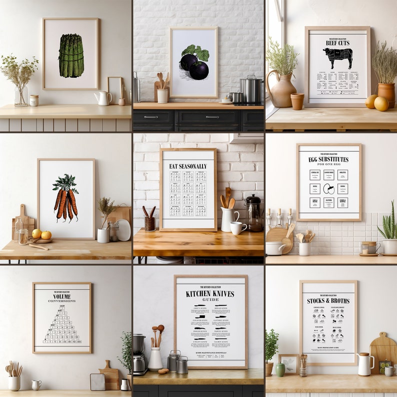 May include: A collection of nine framed kitchen wall art prints featuring botanical illustrations of asparagus, eggplant, and carrots, alongside informational charts for beef cuts, seasonal produce, egg substitutes, volume conversions, knives, and stocks.