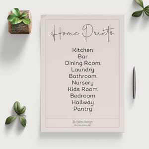 May include: A printable wall art design with the text "Home Prints" in a handwritten font. The design lists various rooms in a home, including Kitchen, Bar, Dining Room, Laundry, Bathroom, Nursery, Kids Room, Bedroom, Hallway, and Pantry. The text "alchera.design" and "PRINTABLE WALL ART" are also included at the bottom of the design.