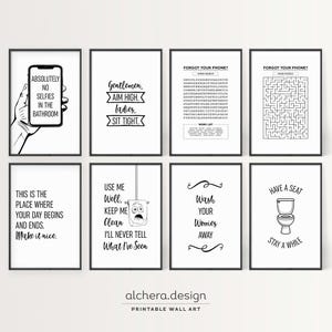 A collection of eight black-and-white minimalist bathroom quote prints featuring text and graphics.