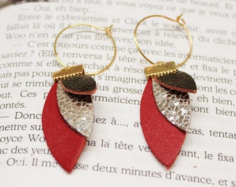 Red and gold Leather fan earrings,assymetrical petal earrings dangle,minimal elegant earrings,Christmas gift , stocking stuffer