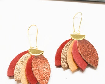 Red Metallic fan gold dangles, leather earrings metallic, drop earrings leather,statement earrings, Christmas gift, stocking filler